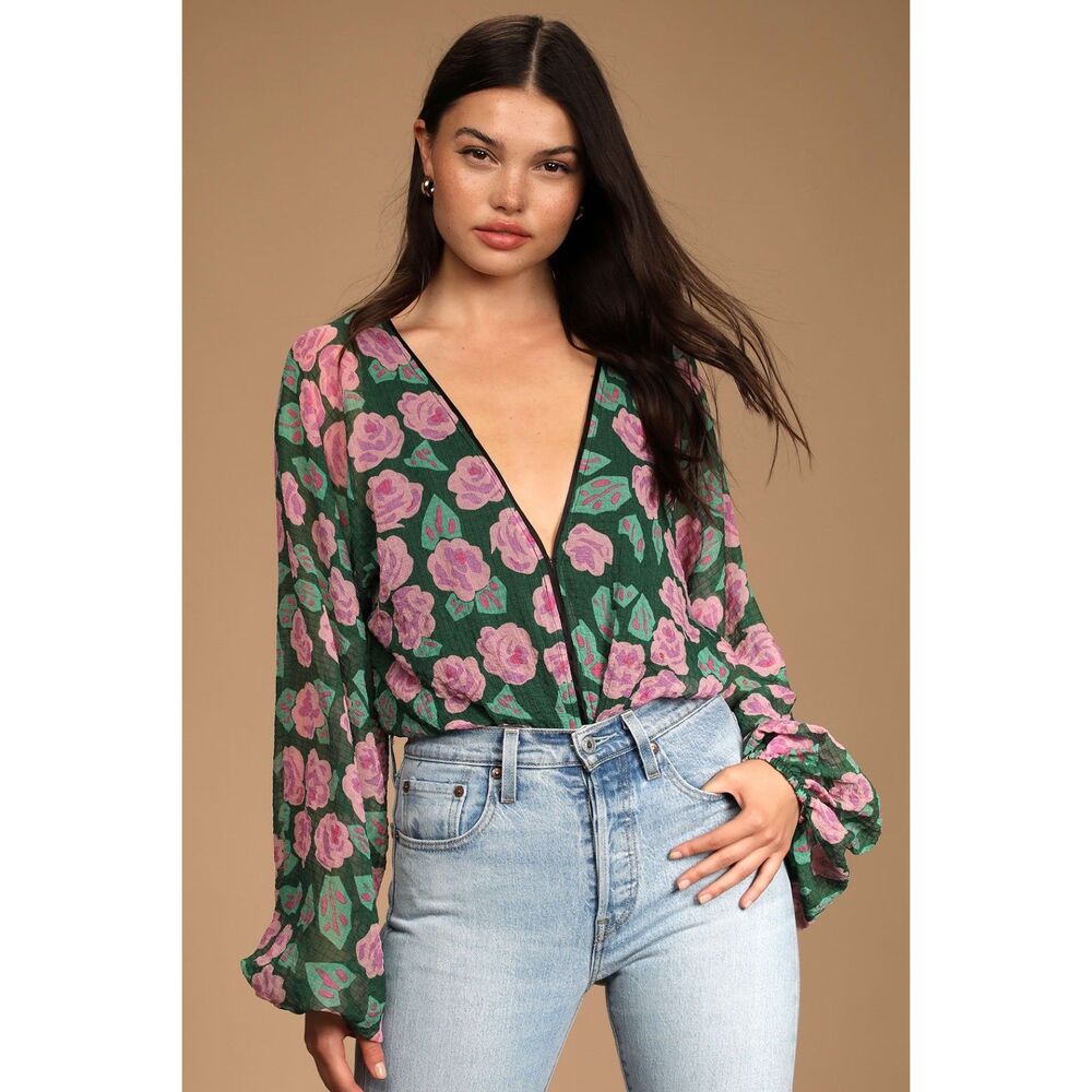 Lulus Where My Garden Grows Green Floral Long Sleeve Tie-Back Bodysuit